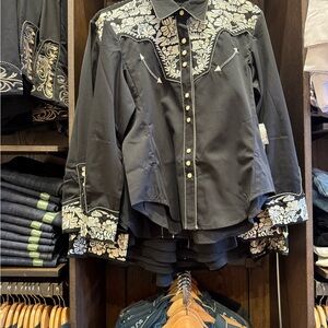 Black Shirt with Floral Embroidery